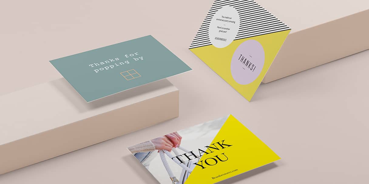 3 Thanks Cards in various sizes and designs on beige background