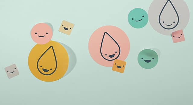 Small square stickers, medium and big round stickers in various colors and designs including smiley faces and the MOO drop logo