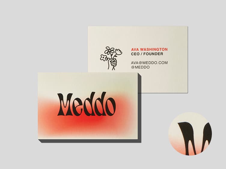 Original Business Cards showing front and back with "Meddo" brand.