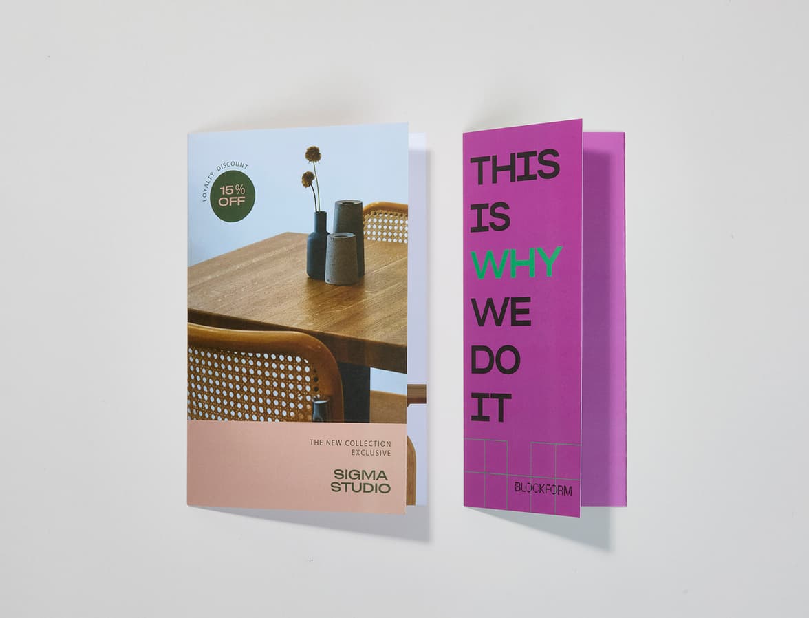 A customised bi-fold and tri-fold brochure positioned next to each other.