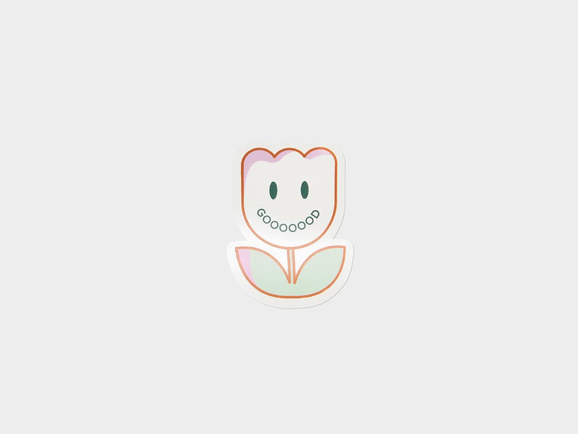 A customized clear die cut sticker in the design and shape of a flower.