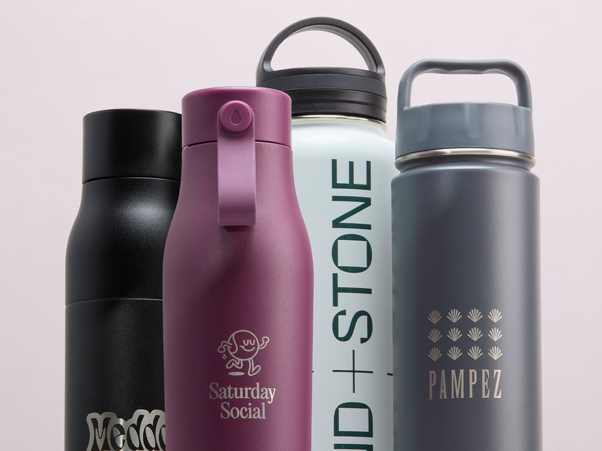 A collection of customized water bottles.