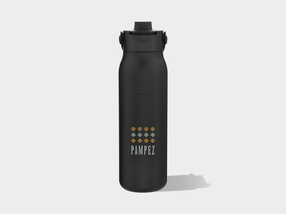 Black water bottle with PAMPEZ branding.