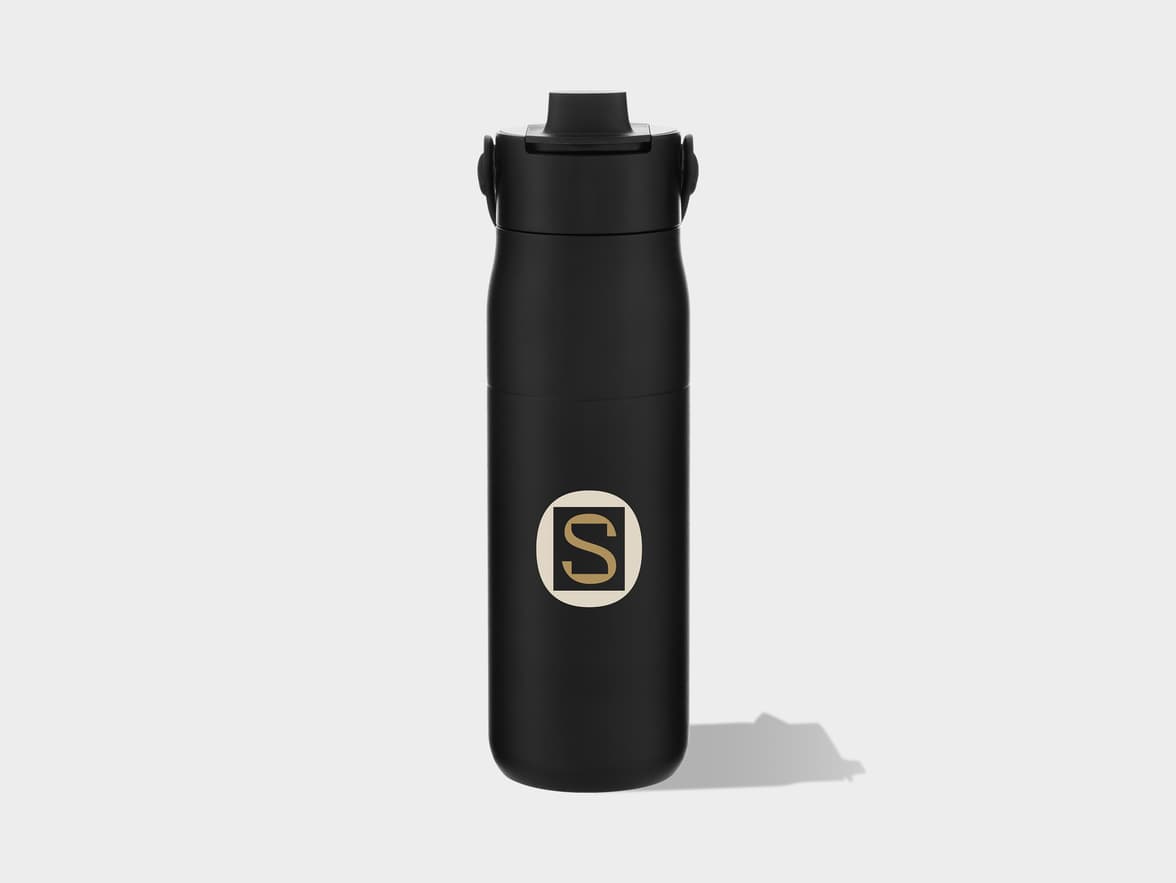 Black water bottle with a golden circle and black 'S' logo.