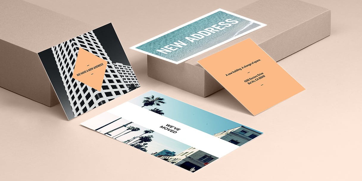 1 We Have Moved postcard and 3 new address postcards in various sizes and designs