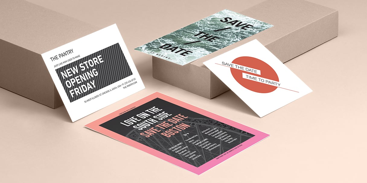 4 Save the Date Cards in various sizes and designs on beige background