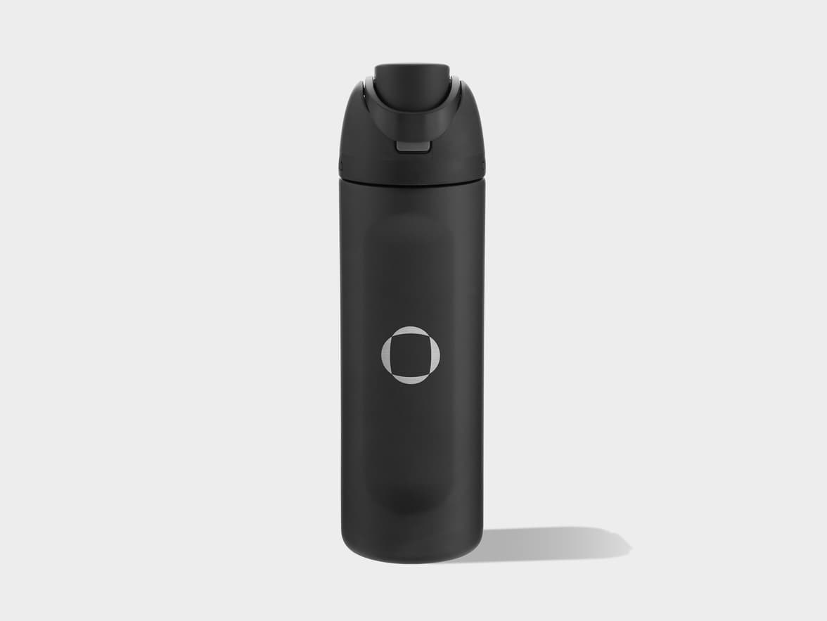 A black bottle with a white circular logo featuring an incomplete inner circle.