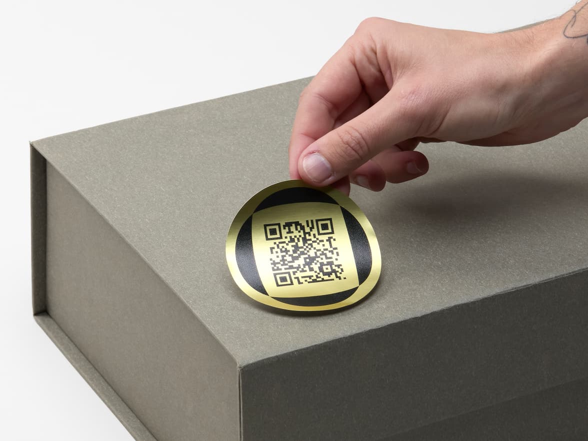 A hand placing a round gold metallic sticker with a QR code on a packaging box.