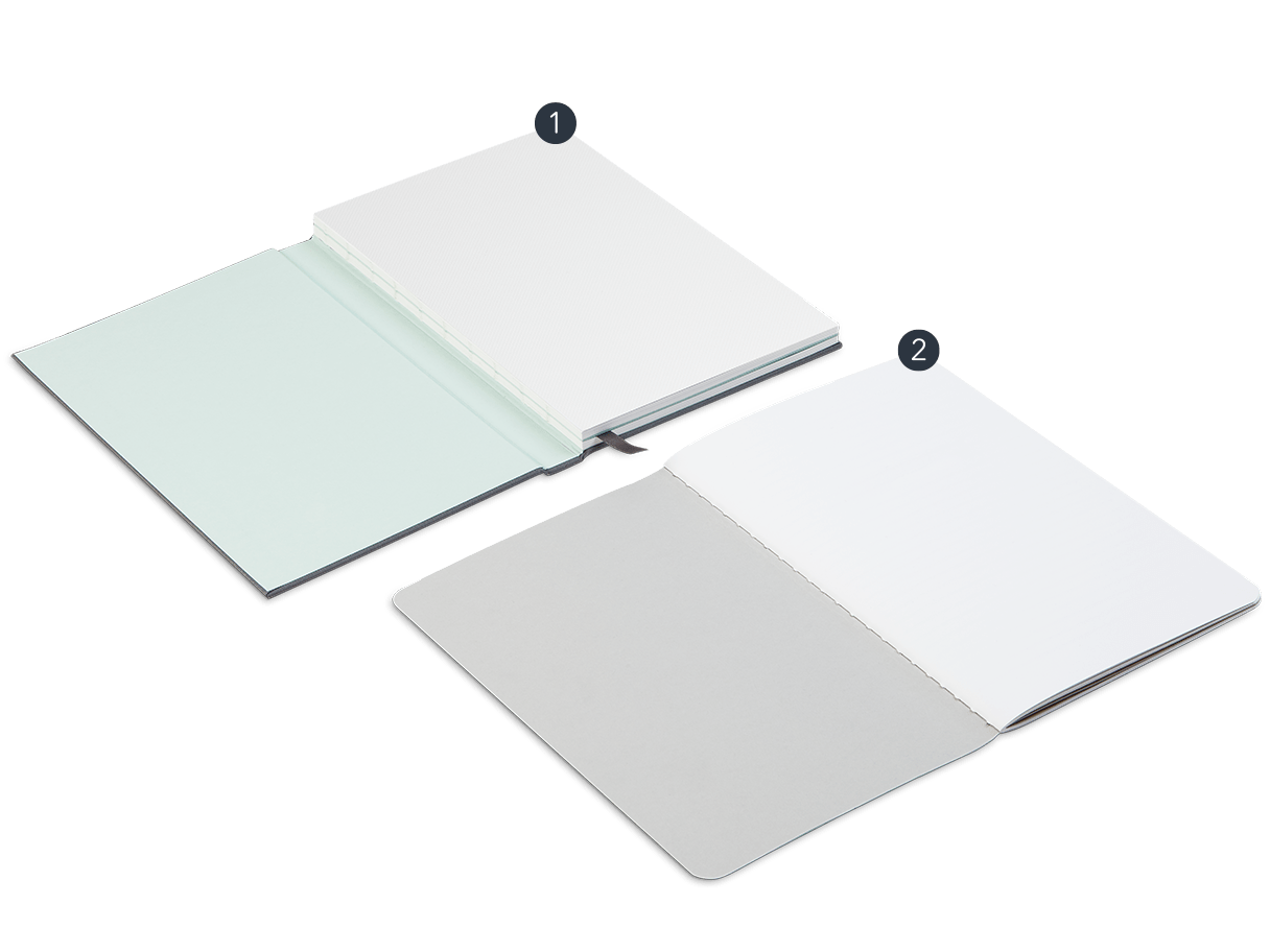 2 open Notebooks: 1 Hardcover Notebook with cloth cover and ribbon and 1 Softcover Notebook with colored central seam