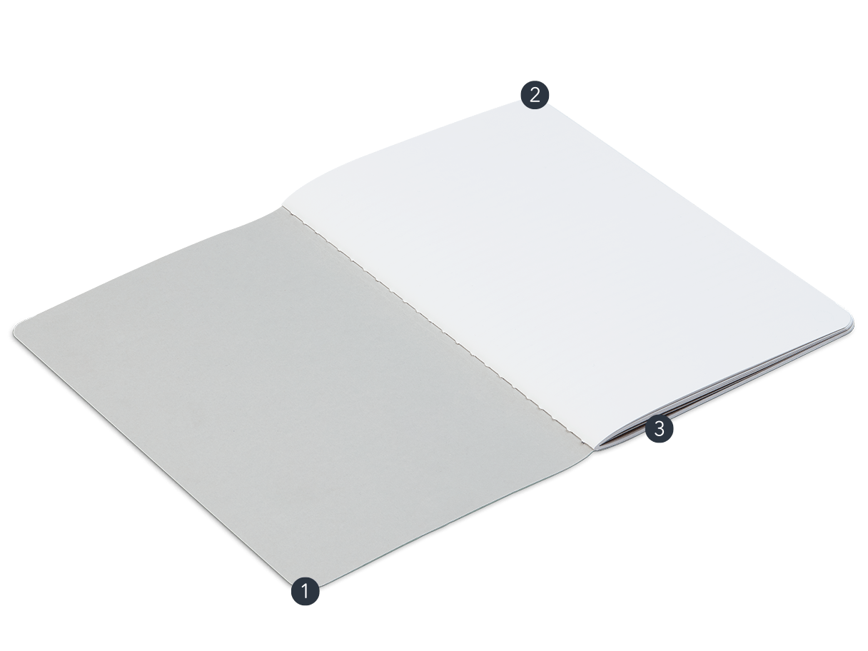Open lightweight Notebook with soft cover, Munken Kristall paper and colored central seam